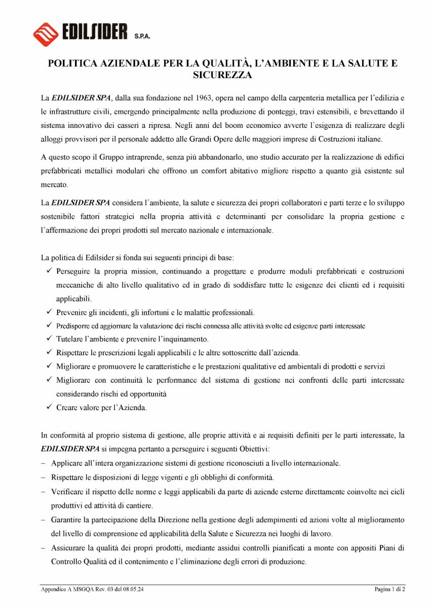 POLICY FOR QUALITY | Append A ManSGQAS Politica Aziendale rev 1 Pagina 1(1)