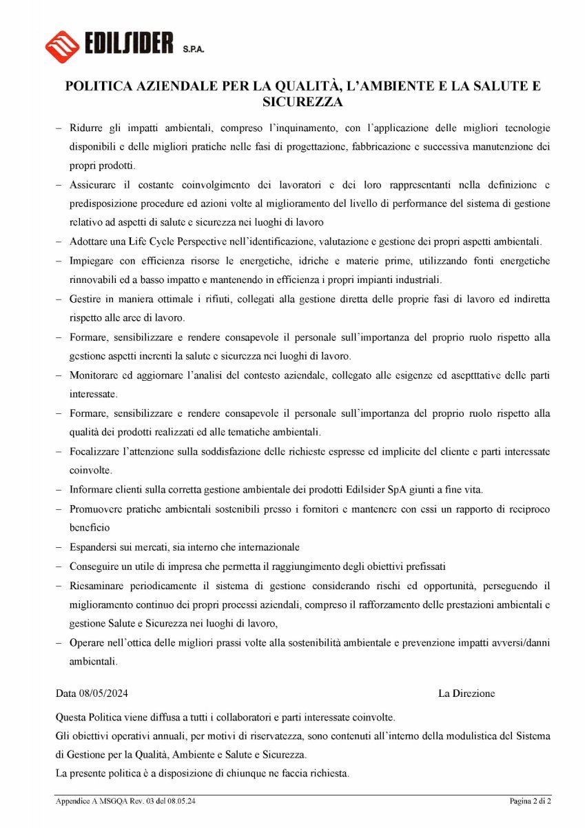 POLICY FOR QUALITY | Append A ManSGQAS Politica Aziendale rev 1 Pagina 2(1)